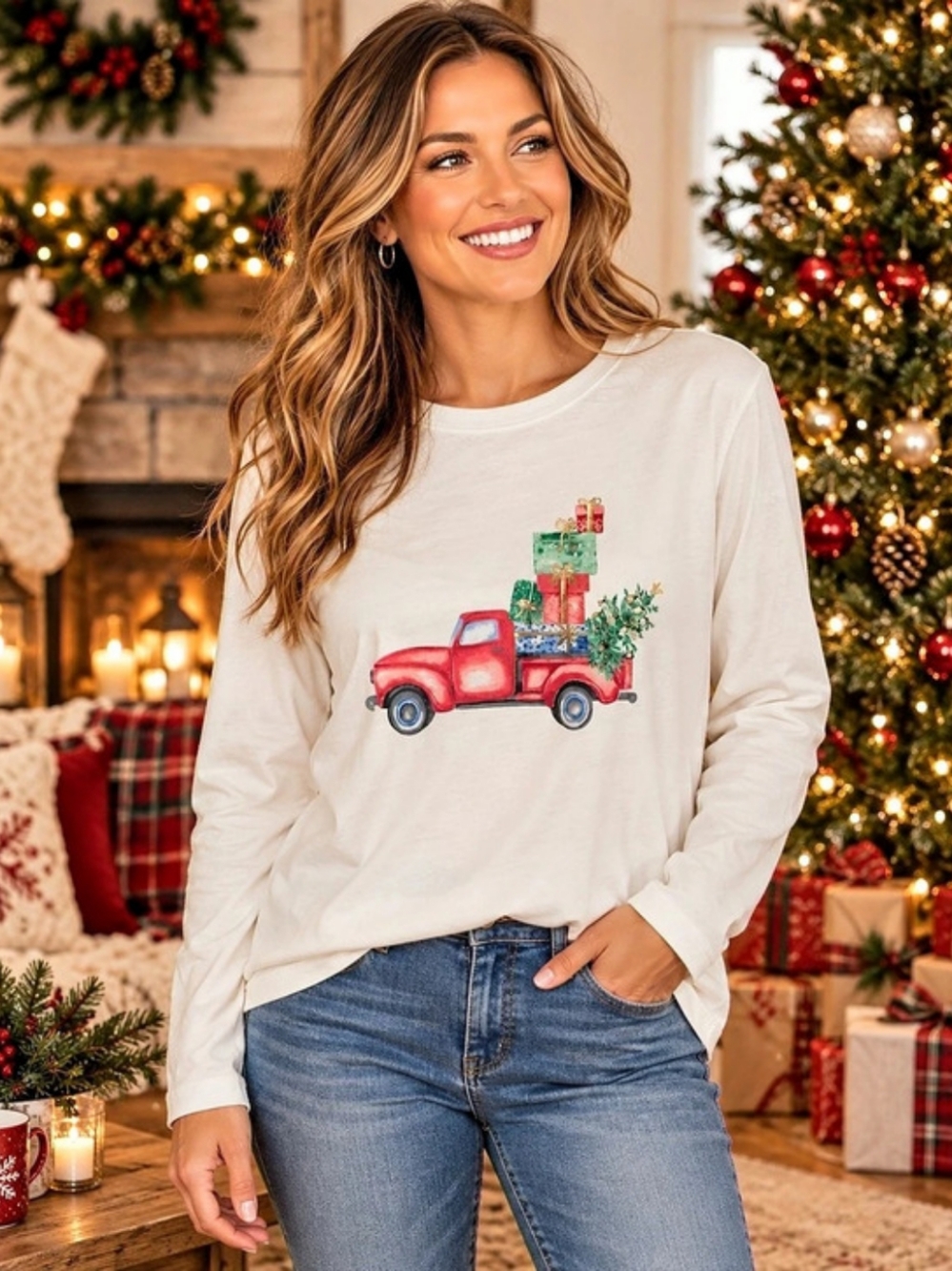 Kim Rogers Perfectly Soft 100% Cotton Boyfriend Crewneck Long Sleeve Truck Pxl
